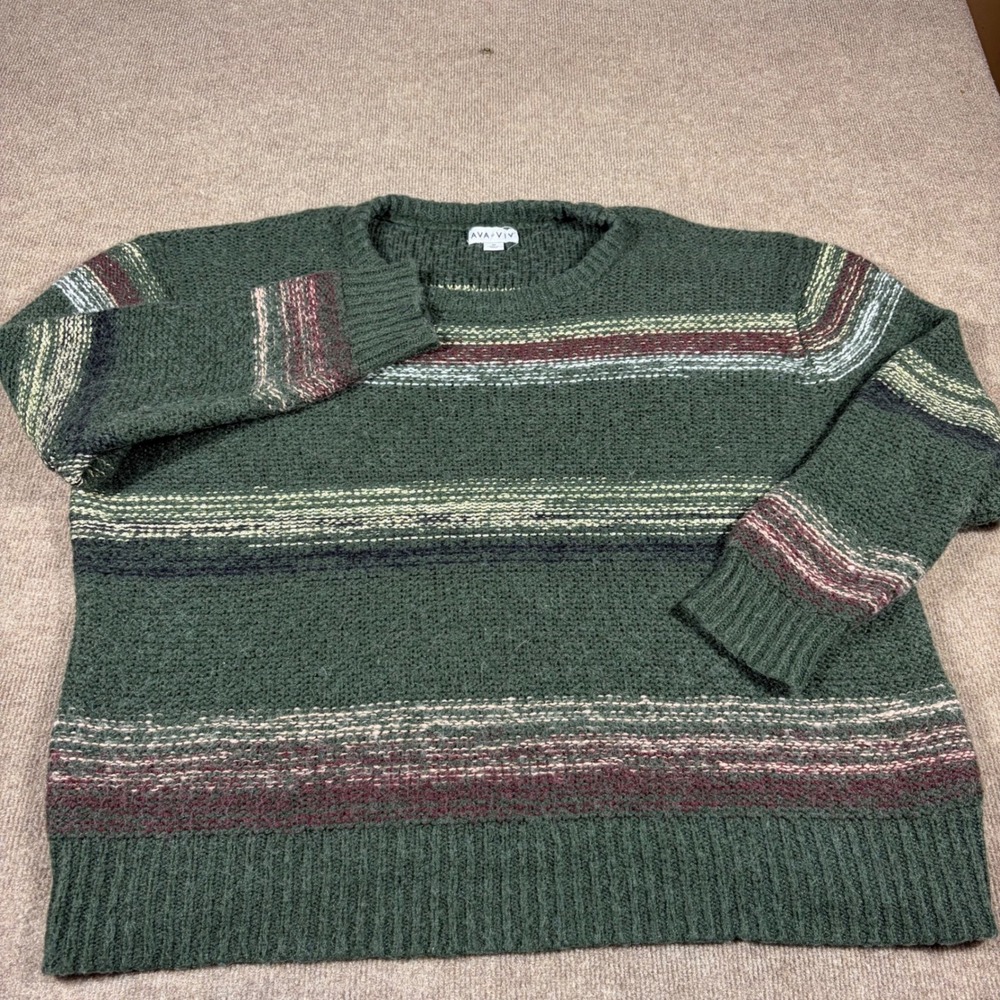 Ava & Viv Womens 4X Green Striped Metallic Knit Crewneck Sweater Relaxed Fit
